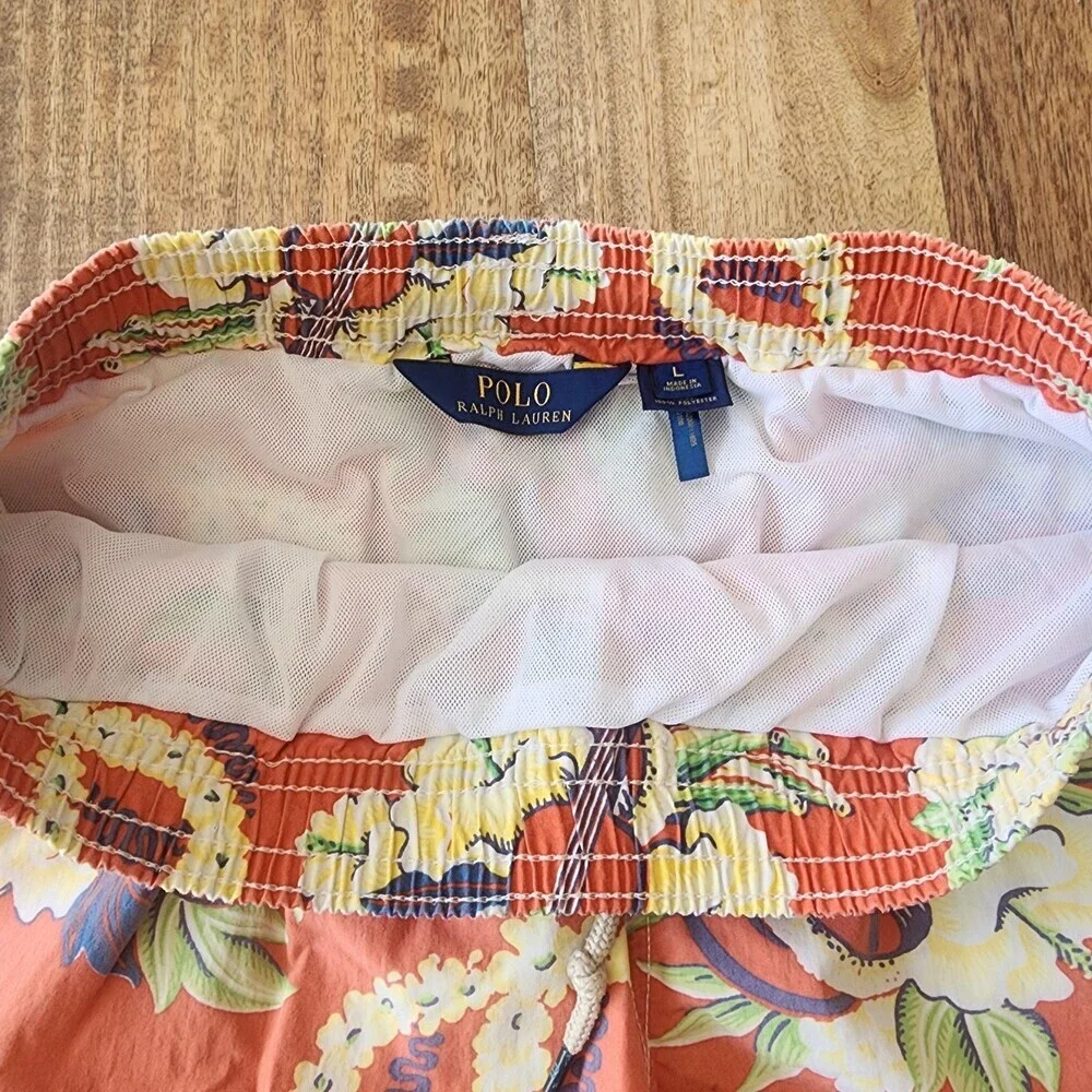Polo Ralph Lauren Shorts Mens Large Orange Hawaiian Swim Trunks Lined Drawstring